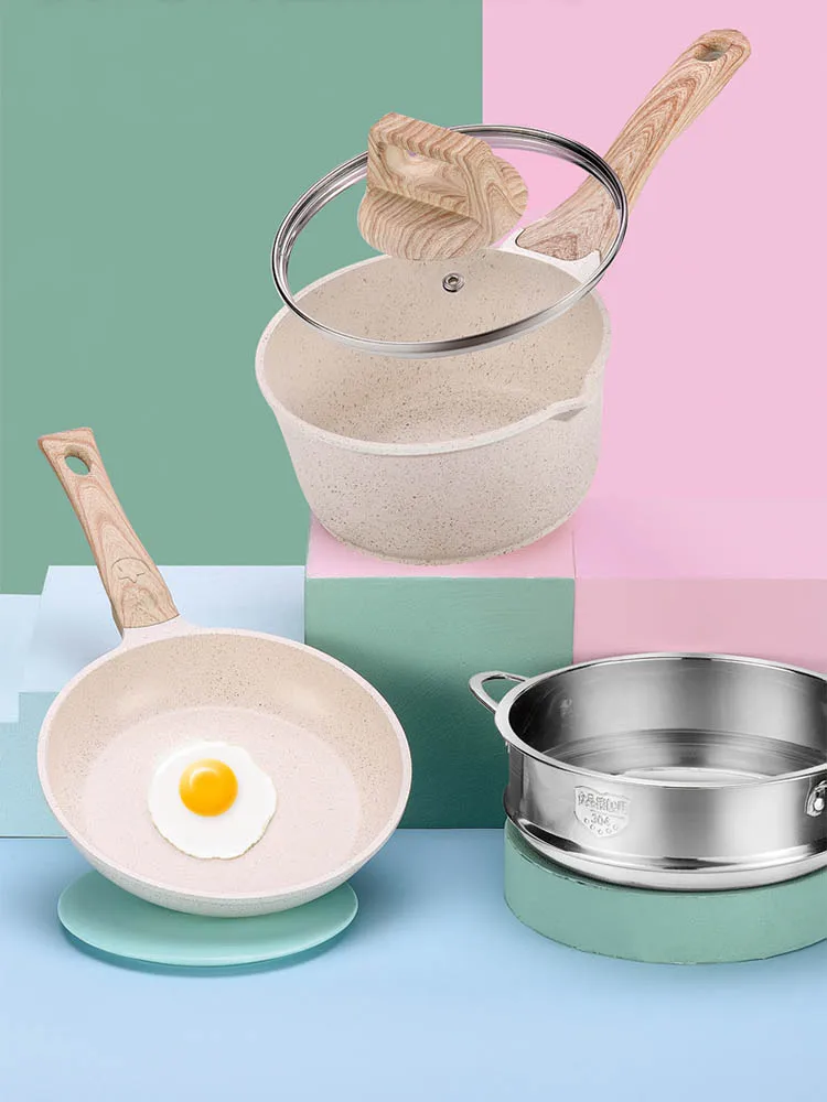 Non-Stick Frying Pan Set Maifan Stone Kitchen Soup Pot Milk Pan with Wooden Handle Pot Cookware Set Cooking Utensils for Kitchen