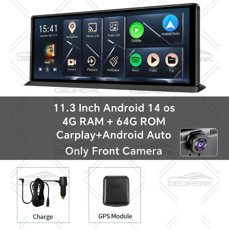 K60 Pro 11.3" Dash Cam Android 14 Wireless CarPlay & Android Auto 4GB+64GB Dual Lens 1080P WIFI GPS Car DVR Reverse Recorder Dvr