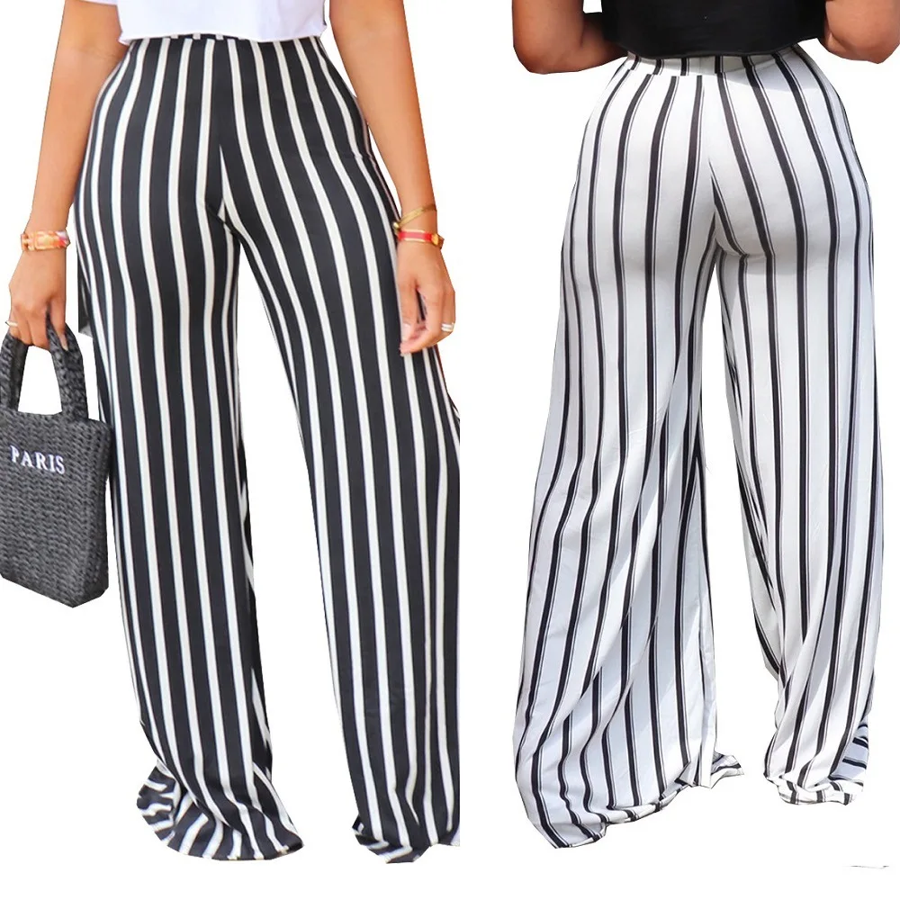 OL6118 New European and American Women's Striped Loose Straight Leg Wide Pants