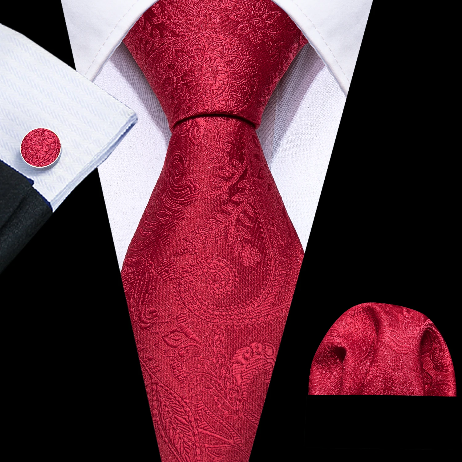 Exquisite rote Paisley-Krawatte für Herren, hochwertige Jacquard-gewebte Taschentücher, Manschettenknöpfe, Sets für den Bräutigam, Hochzeit, Seide, Partygeschenke – Detail 5