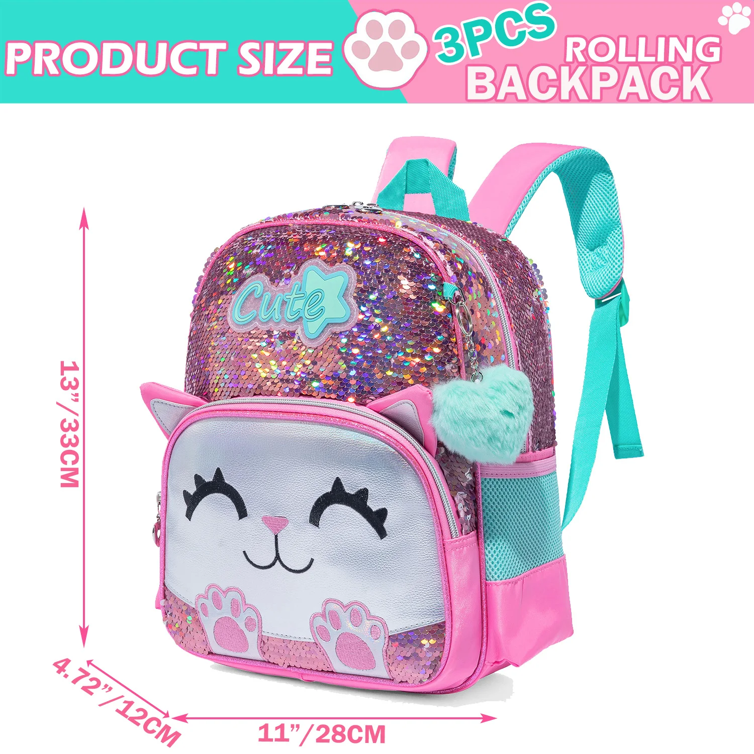3PCS Cute Cat Backpack for Girls PU Leather Bookbag for Elementary School with Lunch Bag And PenBag 2