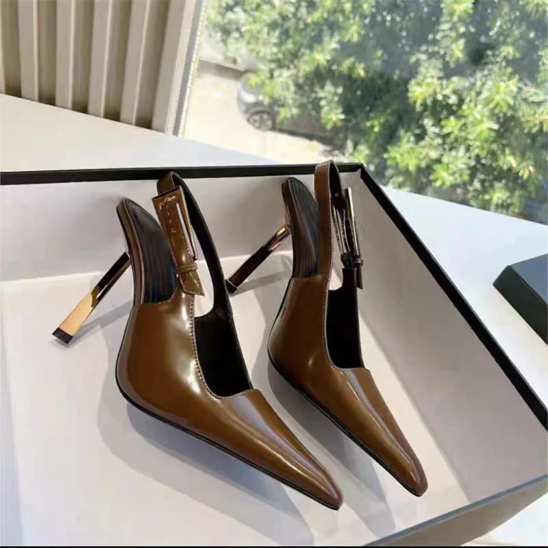 2024 Autumn/Winter New Women's Elegance High Heels Pointed Sexy Lacquer Leather Metal Buckle Thin Heel Wrapped Sandals