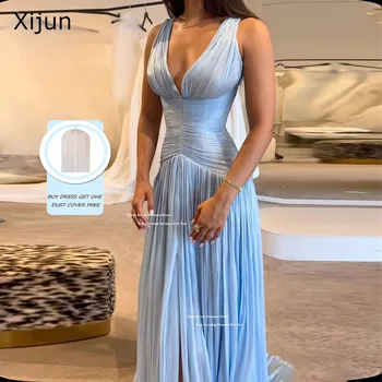 Xijun Sexy Blue Silk Satin Long Evening Dresses V-Neck Sleeveless Prom Dresses Saudi Araric Formal Occasion Prom Gowns Customize 1