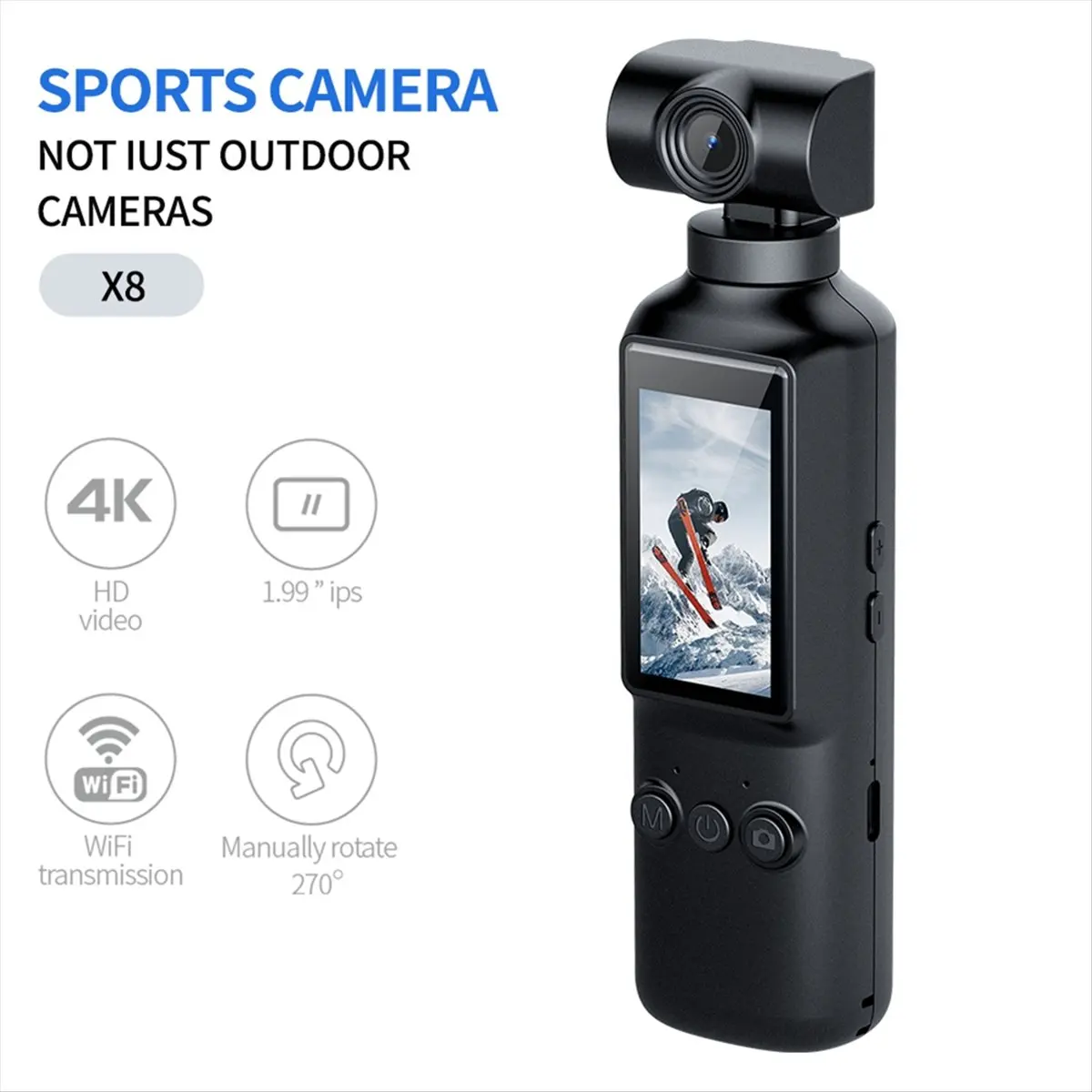 M05K 포켓 카메라 4K HD 270 °   회전 가능하고 흔들림 방지 기능이 있는 와이파이 스포츠 카메라 (야외 라이딩, 다이빙, 액션캠)