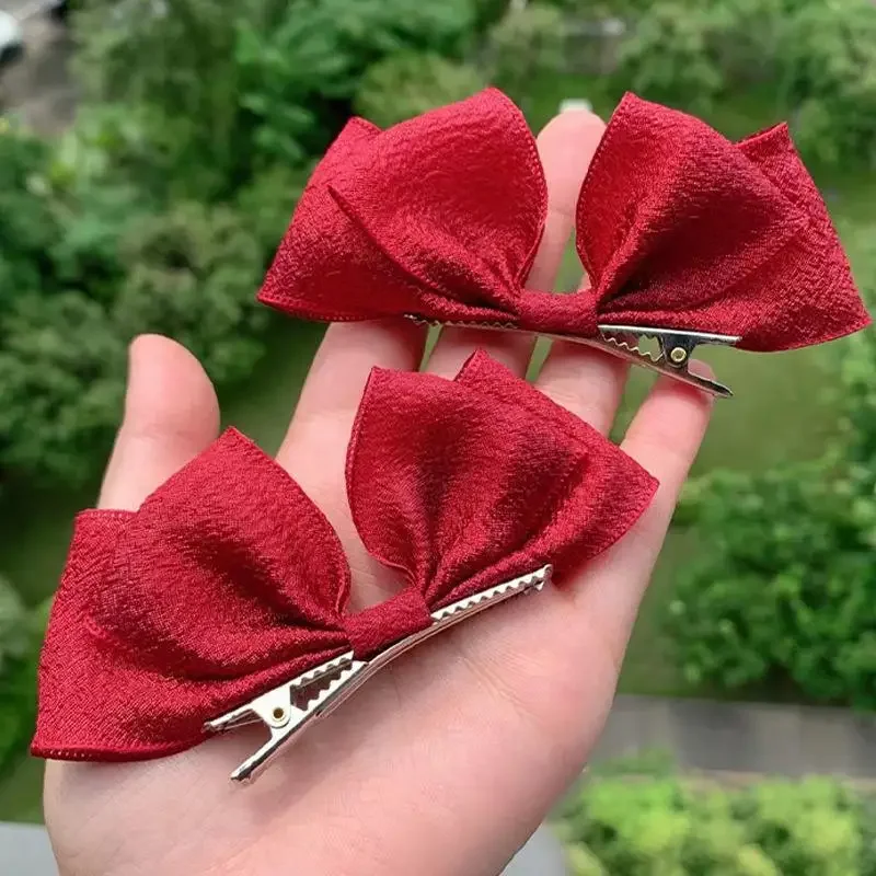 2pcs/set Korean New Cute Red Bowknot Hair Clip Elegant Solid Color Barrettes Charm Hair Accessories for Women Trendy Headdress
