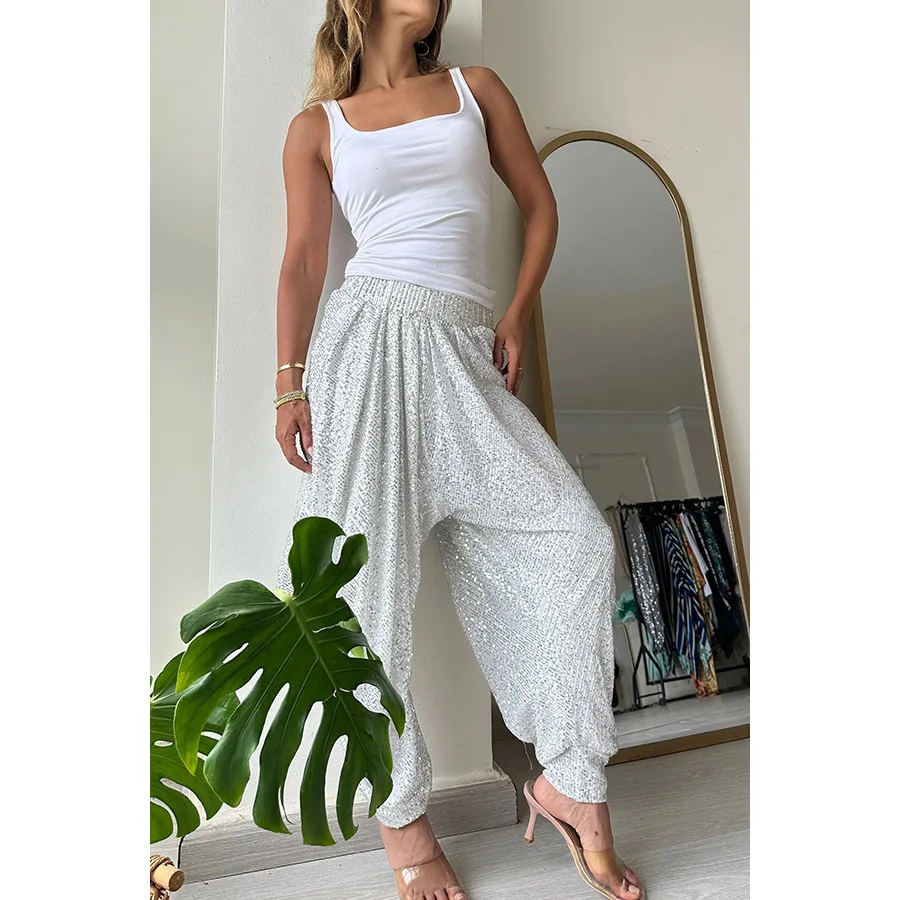New Casual Pants for Spring/Summer 2024 Party Loose Sequin Pants INS Casual Elasticated Waist Casual Bloomers Y2k Pants