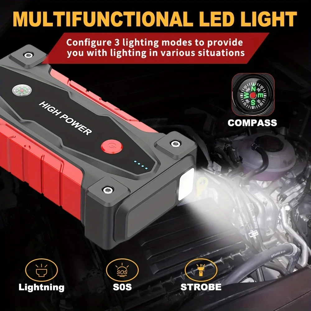 2500A Car Emergency Battery Booster for 8.0L Gas/6.0L Diesel Engines Built in Safety Hammer QC3.0 Fast Charging Dual USB Ports