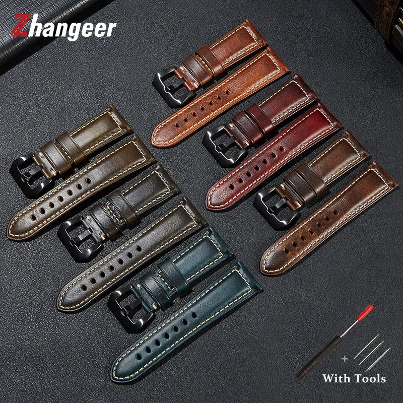 

Fashion Rough Style Vintage Oil Wax Strap 20mm 22mm 24mm 26mm Men Top Cowhide Genuine Leather Watchband Belt Watch Accessories