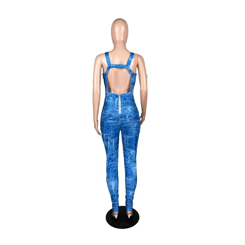 2024 New Fashion Spring Summer Suspenders Imitation Denim Print Jumpsuits Women Patchwork Collage Casual High Waist Slim Rompers