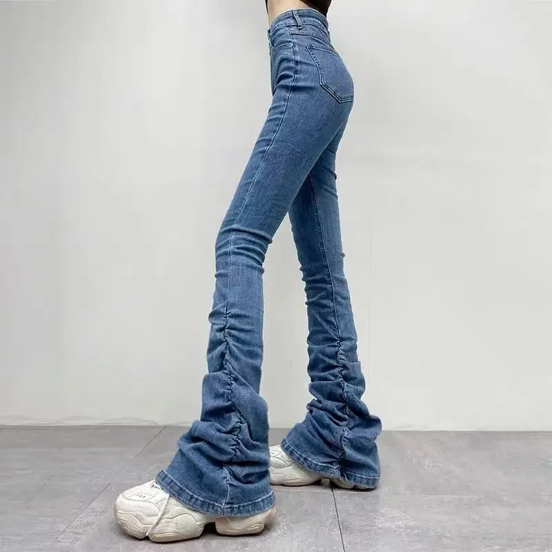 

High Wait Stacked Ruched Jeans Pants Women Spring Summer 2022 Skinny Stretchy Blue Jeans Trousers Bottoms Streetwear Flare Pants