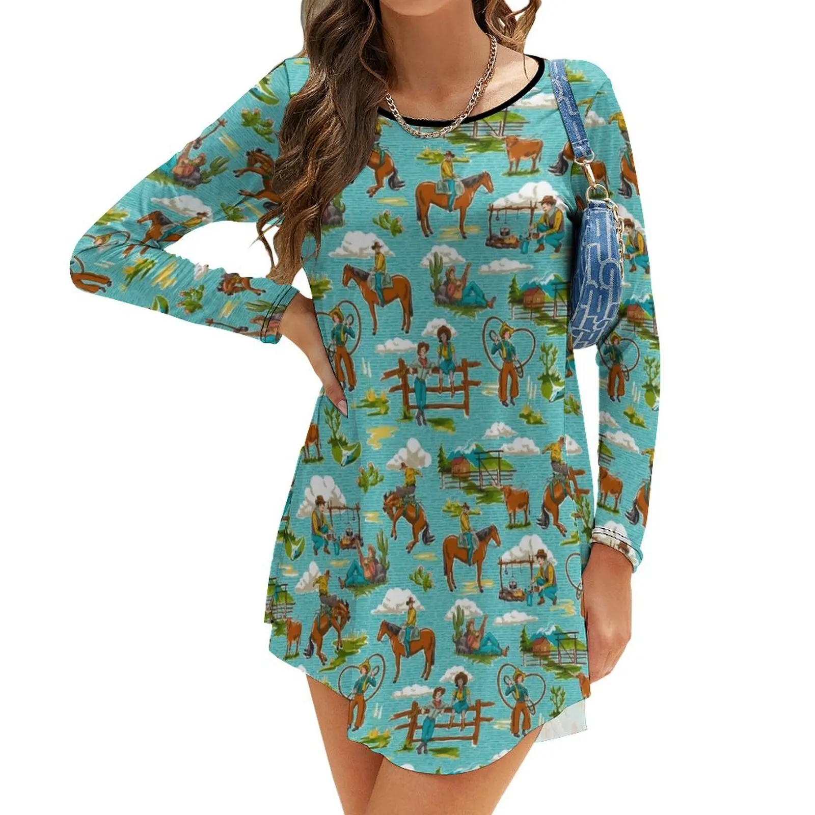 

Retro Out West Cowboy and Cowgirl Pattern in Bright Blue Long-Sleeve Dress dress Women's dress Party dresses Womens dresses