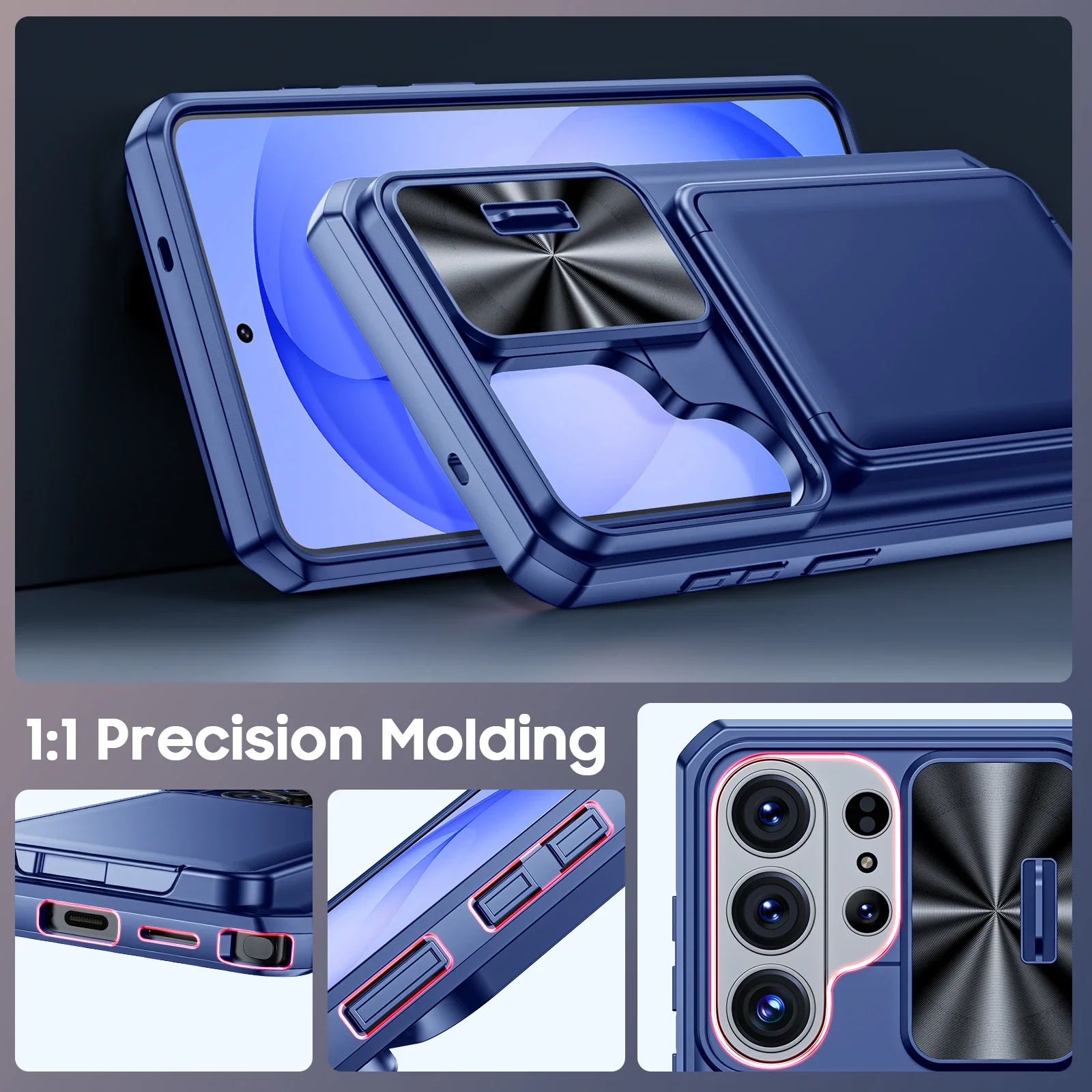 Blue Wallet Phone Case with Card Holder, Sliding Camera Cover, and Stand - Anti-Fall PC+TPU