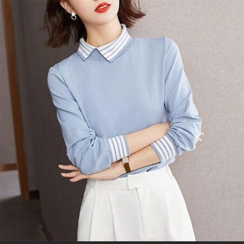 Spring Autumn Striped Casual Patchwork Lady Sweatshirt Loose Long Sleeve Pullover Krean Style Simple Jumper All-match Top Women