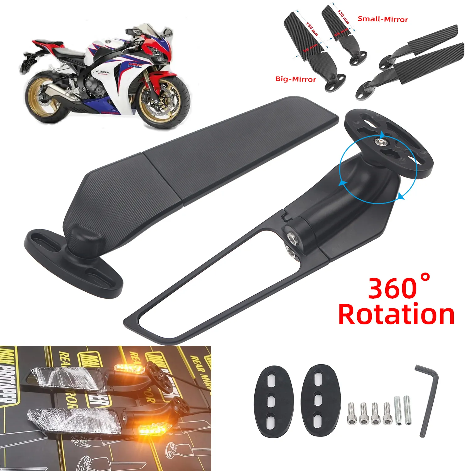 Rétroviseur de moto pour Honda, rétroviseur rotatif, aile de vent modifiée, CBR650R F, CBR1000RR, CBR600RR, CBR 250R, 300R, 400RR, 500R