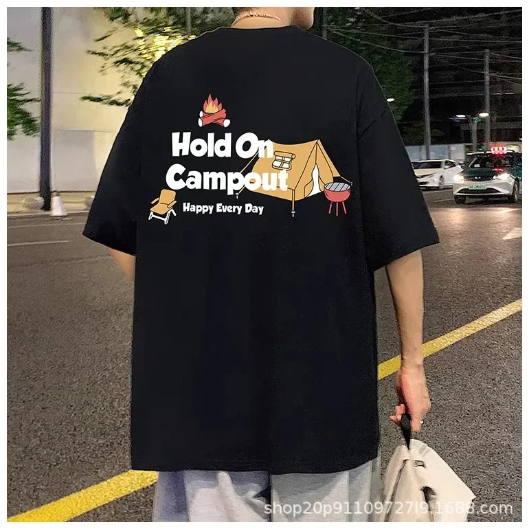 فضفاض عصري قصير الأكمام الرجال تي شيرت تنفس الكرتون طباعة الصيف أزياء عارضة أعلى نصف كم هونغ كونغ نمط المحملة