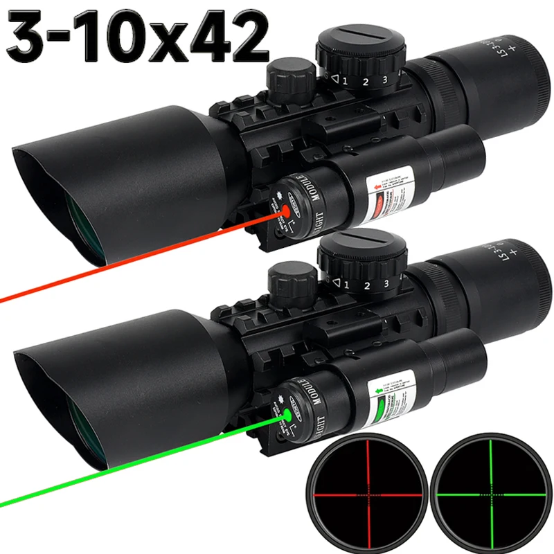 

3-10X42 Red Dot Laser Sight Scope Riflescope Red Green Illuminated Reticles Rifle Scopes for Carbine Shotguns for 20mm/11mm Rail