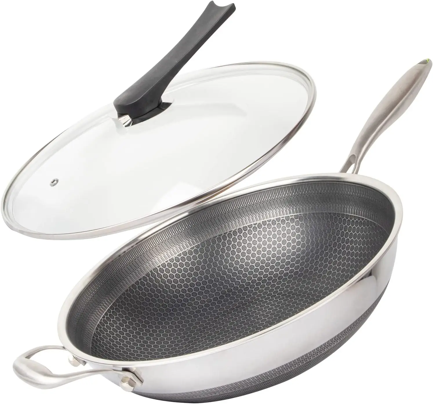 14" Honeycomb Non Stick Wok Pan Stainless Steel Stir-fry Wok with Lid,Skillet with Stay-cool Handle PFOA Free Suitable for Induc