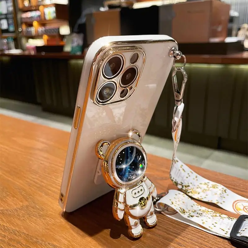 Crossbody Lanyard Quicksand Space Bear Plating Phone Case Cover