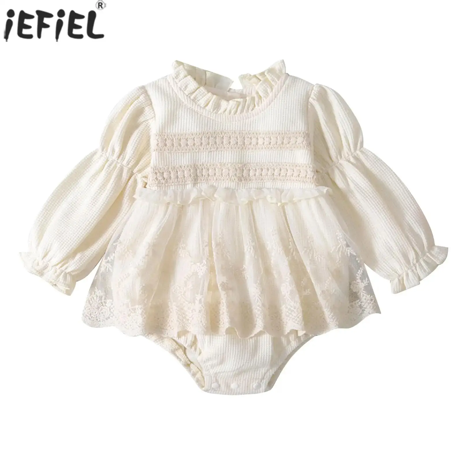 

Baby Infant Girls Waffle Ruffle Dress Romper Puff Sleeve Lace Embroidery Dresses Bodysuits for Birthday Party Wedding Banquet