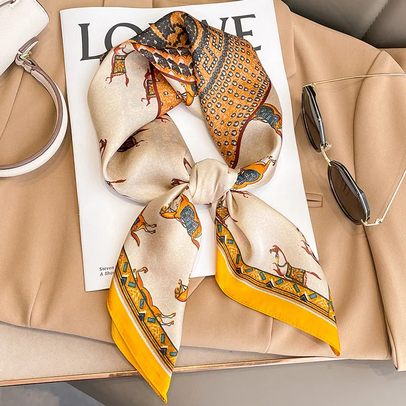 Silk Square Scarf Women Soft Satin Luxury Print Horse Patchwork Hairband Neckerchief Head Hijab Headband Foulard Bag Ties Gift