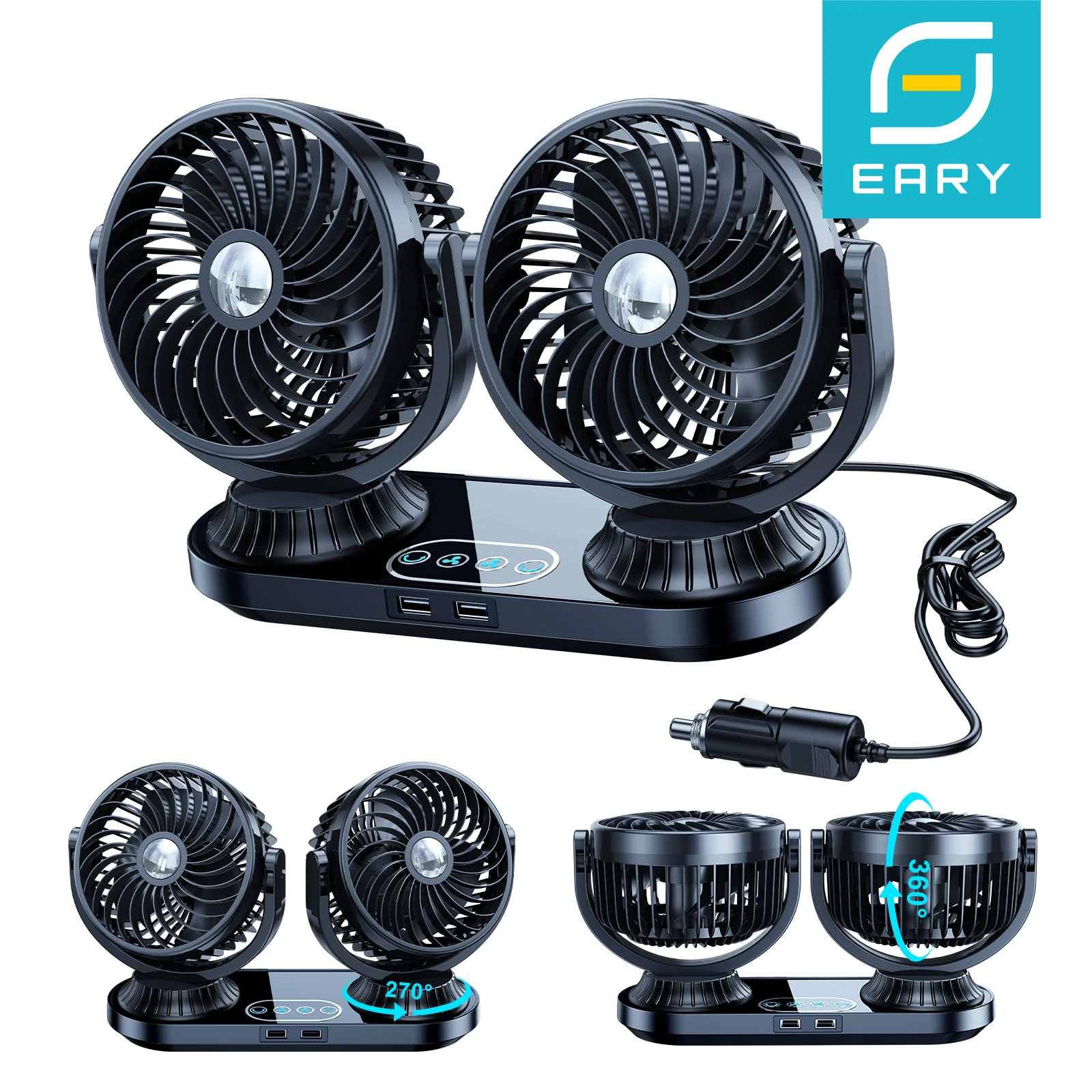 Ventilateur de voiture portable à double tête Eary 12V 24V 3 vitesses, ventilateur de refroidissement automatique 270 °   Support de ventilateur rotatif pour véhicule, pour la circulation de l'air sur le tableau de bord 1