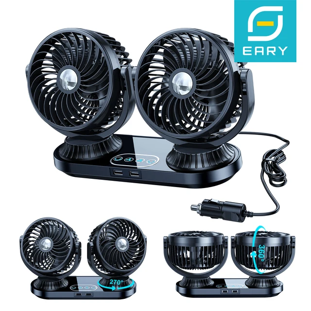 Ventilateur de voiture portable à double tête Eary 12V 24V 3 vitesses, ventilateur de refroidissement automatique 270 °   Support de ventilateur rotatif pour véhicule, pour la circulation de l'air sur le tableau de bord 1