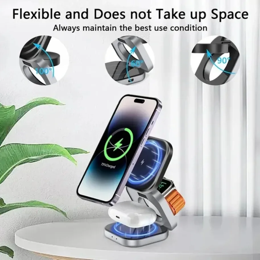 Foldable Magnetic Wireless Charger 3 In 1 Fast Charging Holder Stand For iPhone 17-12 Pro Max IWatch AirPods 3/2 Station Dock