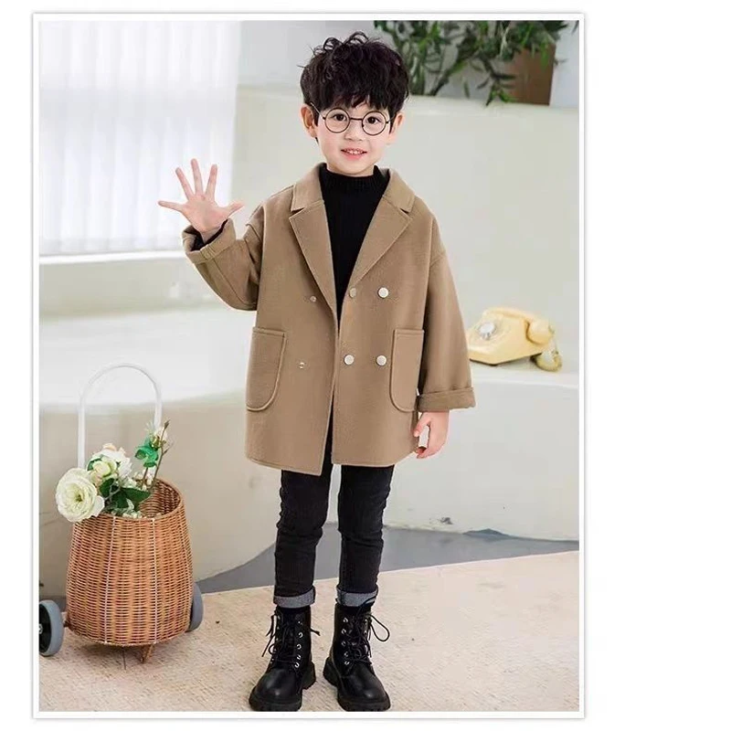 Winter Boys Long Fashion Cotton Woolen Coat Baby Kids Korean Thick Single-breasted 2Pcs Outwear Children Warm Gentleman Jacket
