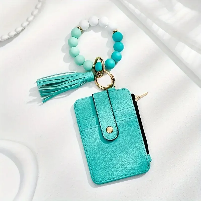 Creative Key Ring Bangle Purse Designer Leopard Leather Card Holder Silicone Beaded Credit Cards Women Keychain Wallet