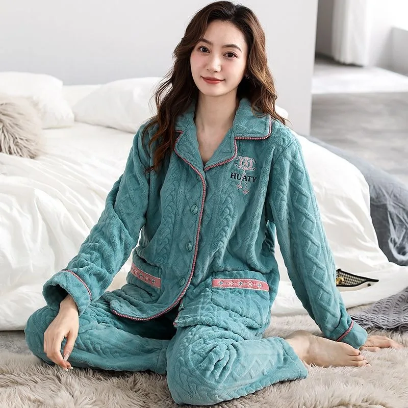 2024 New Women Pajamas Flannel Fleece-lined Thickened Loungewear Autumn Winter Female Lapels Large Size Warm Nightclothes Suit
