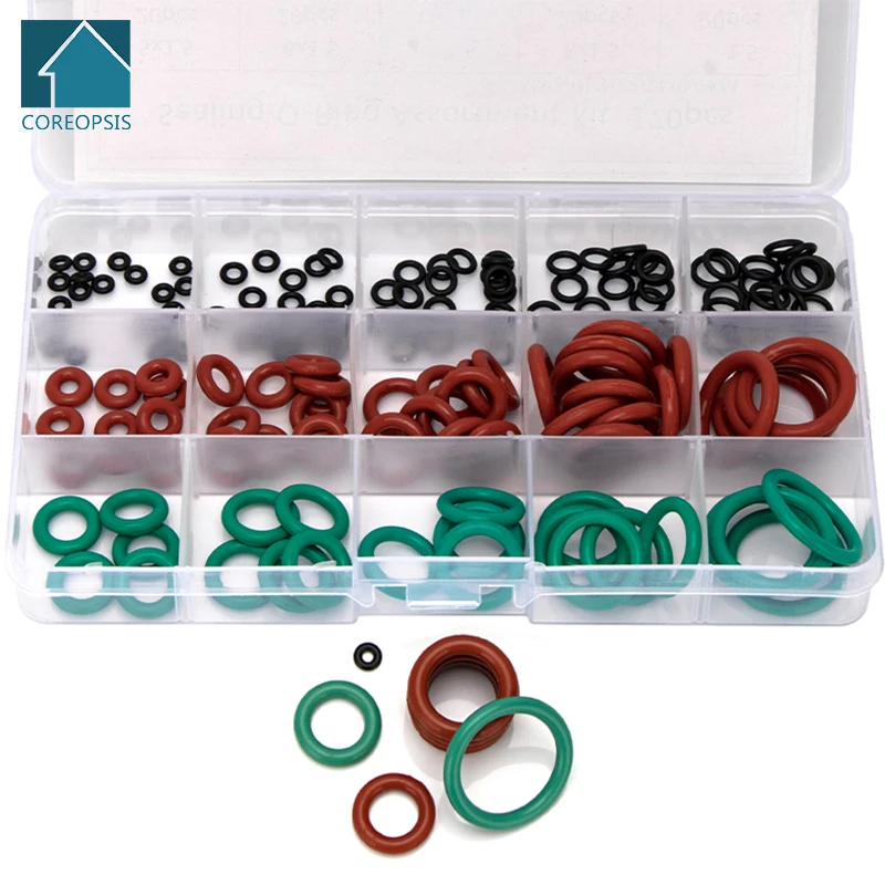 170pcs/box Sealing O-ring Silicone NBR VMQ FKM Red Black White Green Gasket Replacement OD 5mm-25mm CS 1.5mm 3.1mm Millimeters