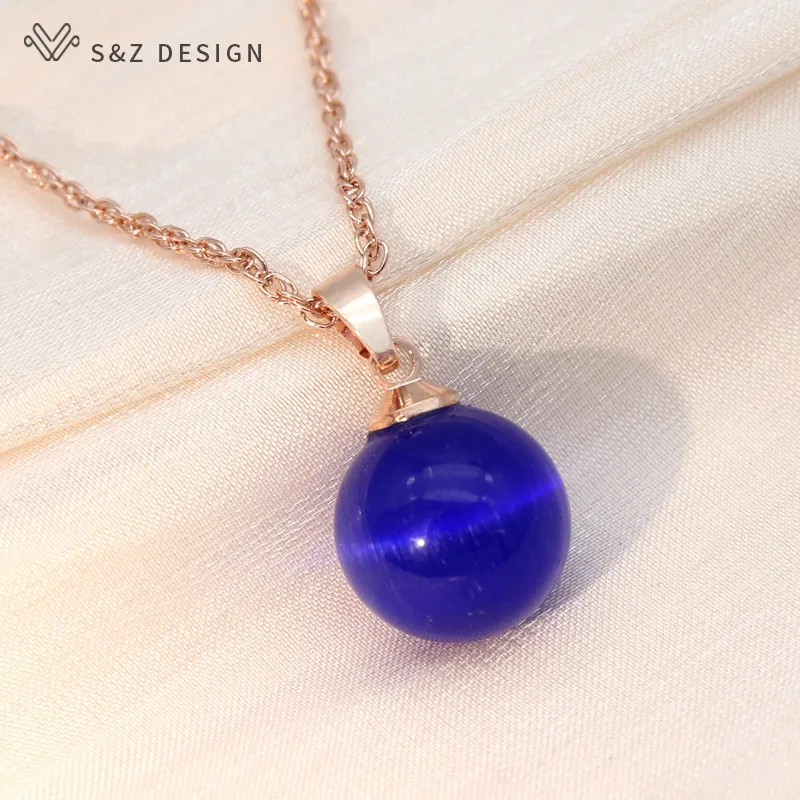 S&Z DESIGN New Fashion 585 Rose Gold Color Round Opals Cat's Eye Beads Pendant Necklace For Women Wedding Party Trendy Jewelry