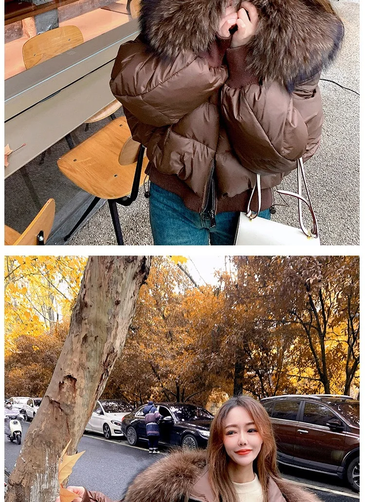 Women's Winter Coat Thick White Goose down Oversized Raccoon Short Fur Collar Bread down Jacket