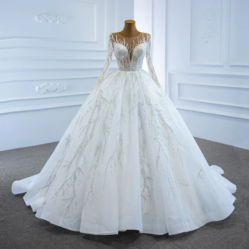 

Luxury Princess Wedding Dress 2024 Sheer Neck Lace Appliques Sequined Long Sleeve Bridal Formal Gowns Vestidos De Noiva