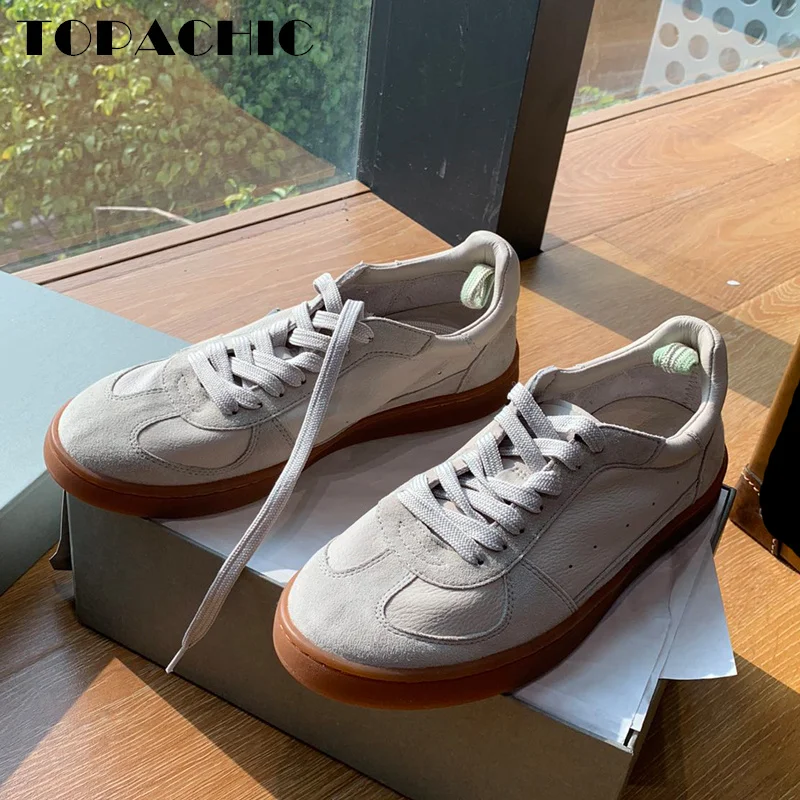 

12.18 TOPACHIC Unisex Casual Shoes Men Women Lace-Up Contrast Color Genuine Leather Round Toe Flat Comfortable Sneakers