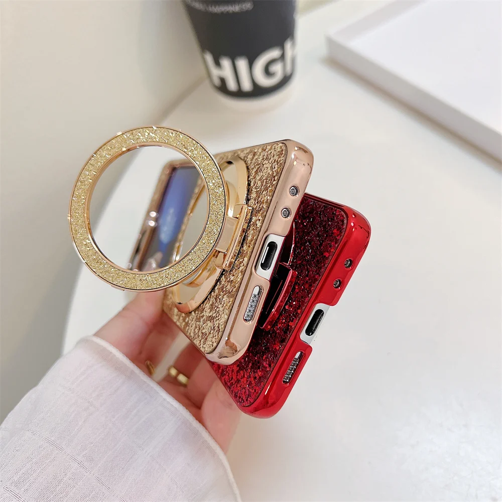 Luxury Glitter Sequins Bling Magnetic Stand Phone Case with Make-up Mirror and Folding Bracket Cover