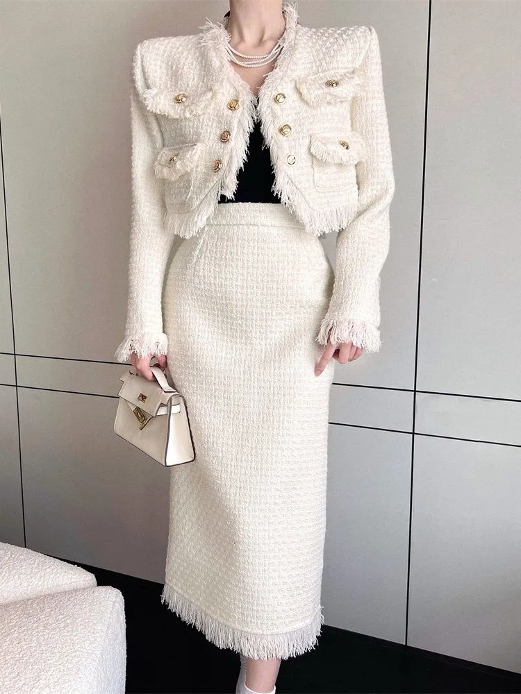 

French Vintage Small Fragrance Tweed Two Piece Sets Women Outfits High Quality Fringed Jacket Coat & Long Skirt 2 Piece Suits