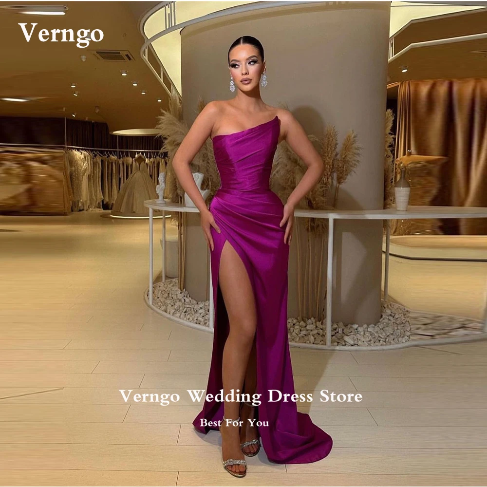 

Verngo Dark Purple Satin Long Prom Dresses Pleats Strapless Split Evening Gowns Arabic Women Formal Party Dress Night Occasion