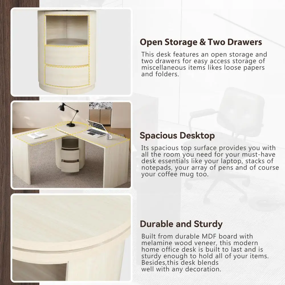 L Shaped Desk with Storage Shelves, 360° Wood Rotating Desk with 2 Drawers and Open Storage, Executive Office Desk 4