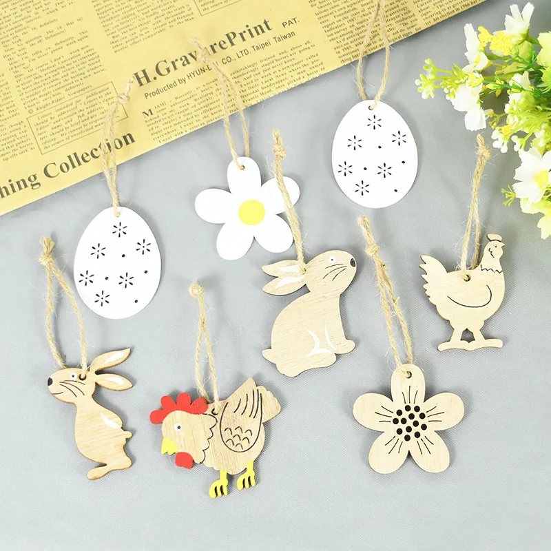 

8pc Easter Wooden Pendant Bunny Eggs Chick Flowers Wood Chips Hanging Ornament For Home Rabbit Craft Easter Decoration Kids Gift