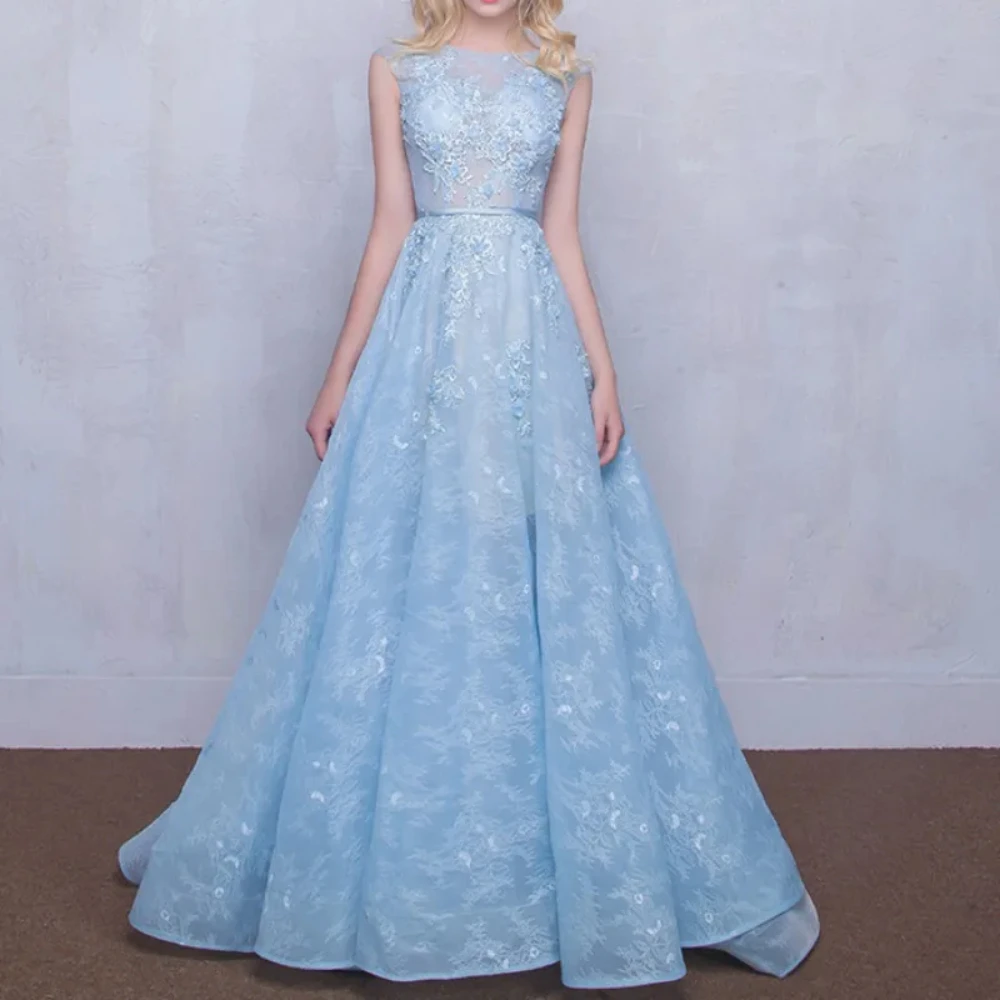 

Голубые изысканные вечерние платья LYLDS с круглым вырезом без рукавов для официальной вечеринки из фатина с кружевом Новинка вечерd10030