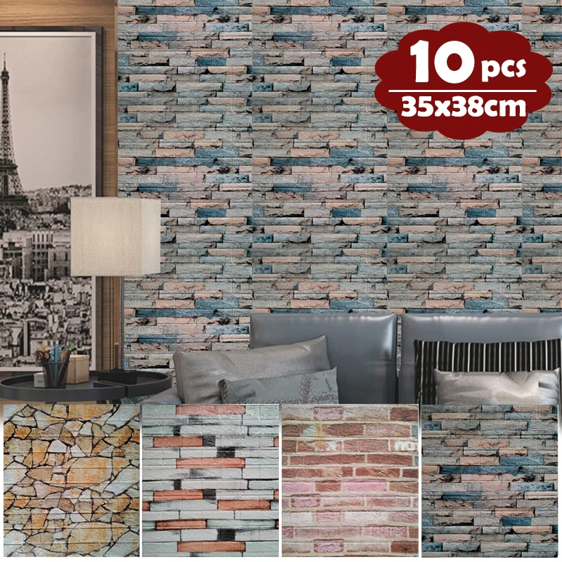 10pcs Retro Brick Wall Sticker 3d Diy Wallpaper For Living Room Bedroom Tv Wall Waterproof Self
