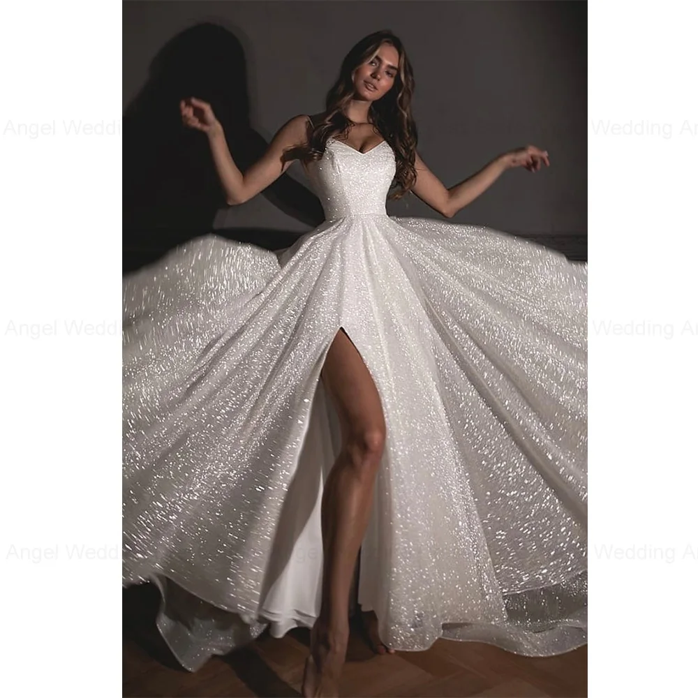 ANGEL Spaghetti Strap V-Neck Sparkling Wedding Dresses for Women Customized Side Split Glitter Bridal Party Gowns Hochzeitskleid 3