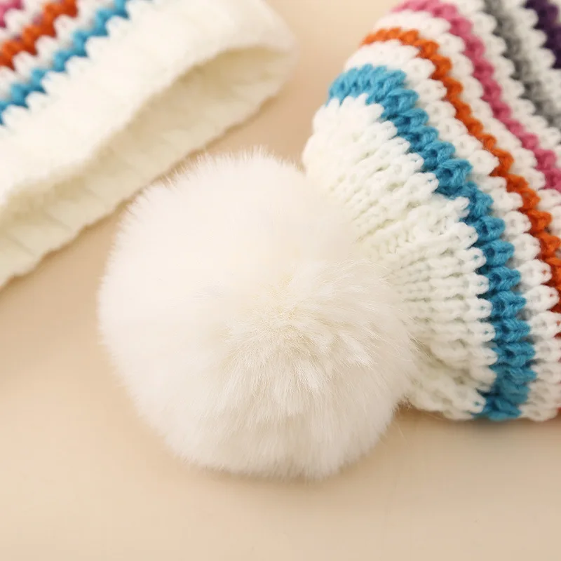 New Autumn Winter Children Hat Scarf Set Kids Wool knitted Hat Collar For Boys Girls Velvet Colored Striped Woolen Cap