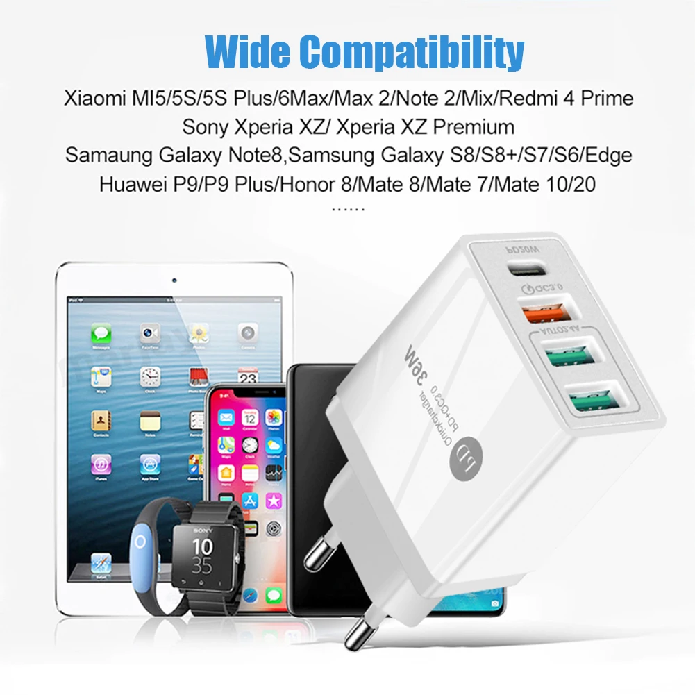 36W 4 Ports USB Charger PD 20W Quick Charge 3.0 Mobile Phone Fast Charging Adapter Travel Charger For iphone 12 Samsung Xiaomi quick charge 2.0