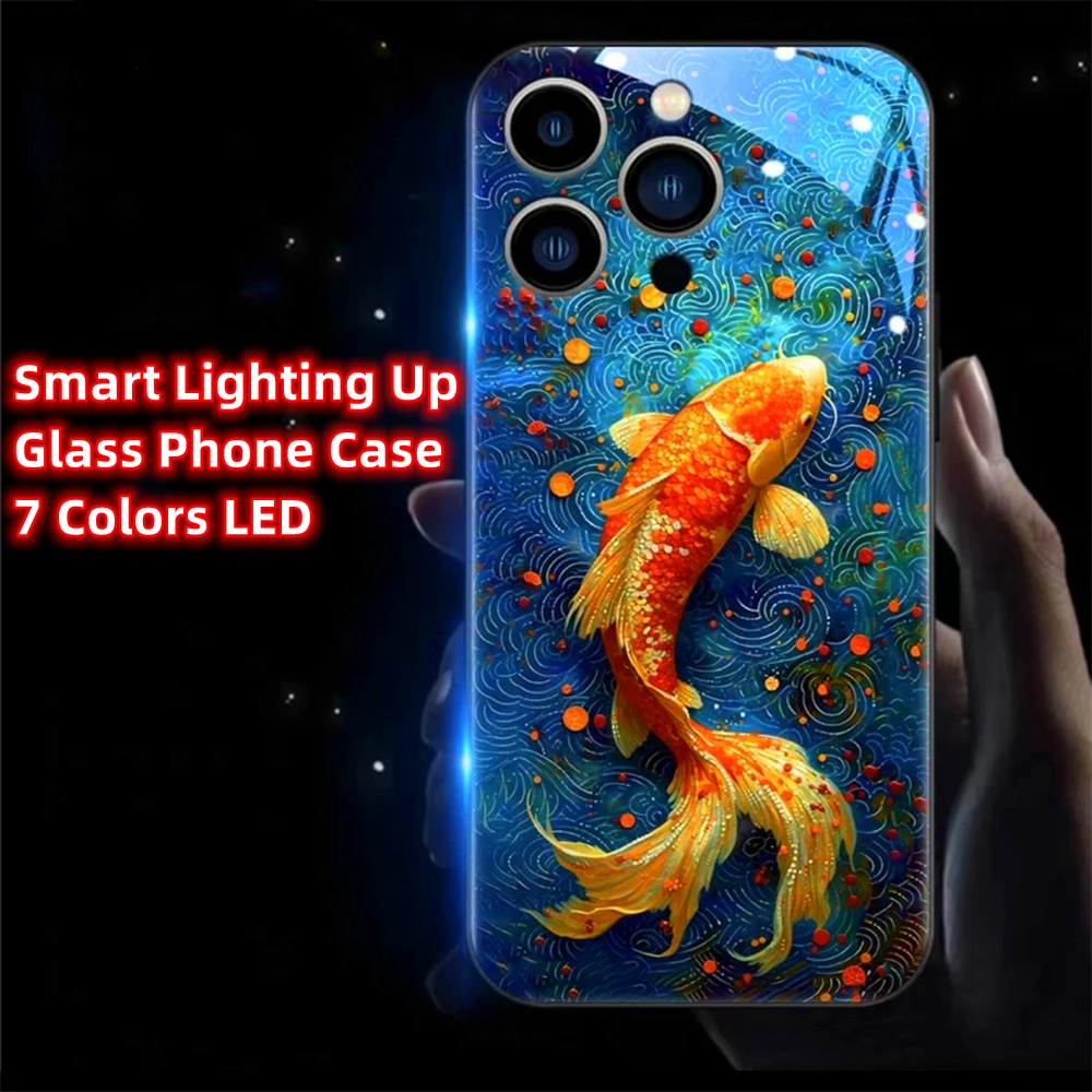 Colorful Lucky Carp Sound Control LED Flash Cases Luminous Glass Cover For iPhone 15 14 13 12 11 Pro Max X XR XS Plus SE2020