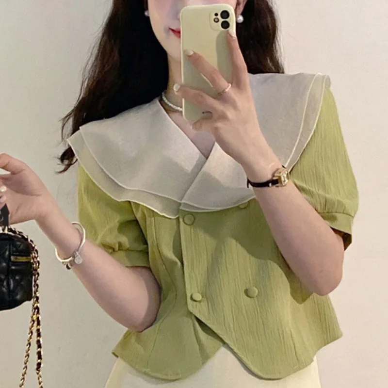 

Peter Pan Collar Shirts for Women Elegant Girls Clothing Spring Summer Short Sleeve Fashion Thin All-match Popular New Design