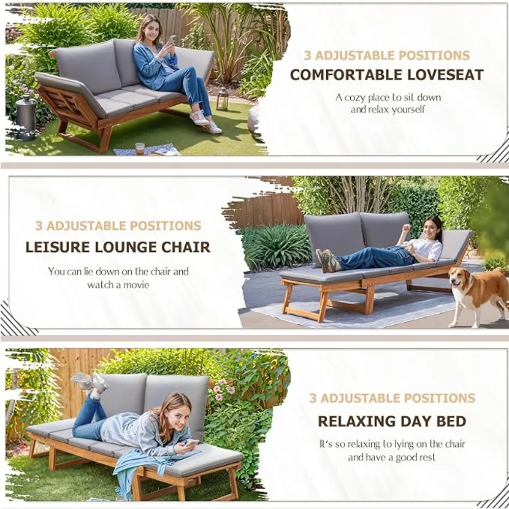 Outdoor Couch Acacia Wood Patio Couch with Adjustable Armrests,Outdoor Convertible Sofa with Removable Cushions&Pillows 4