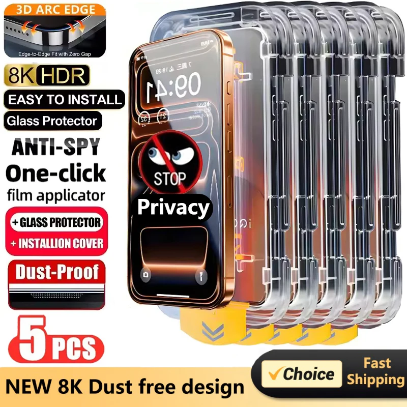5Pcs Oleophobic Coating Dust Free Privacy Screen Protector iPhone 17 Pro Max 15 13 11 12 14 16 Pro Easy Installation Glass