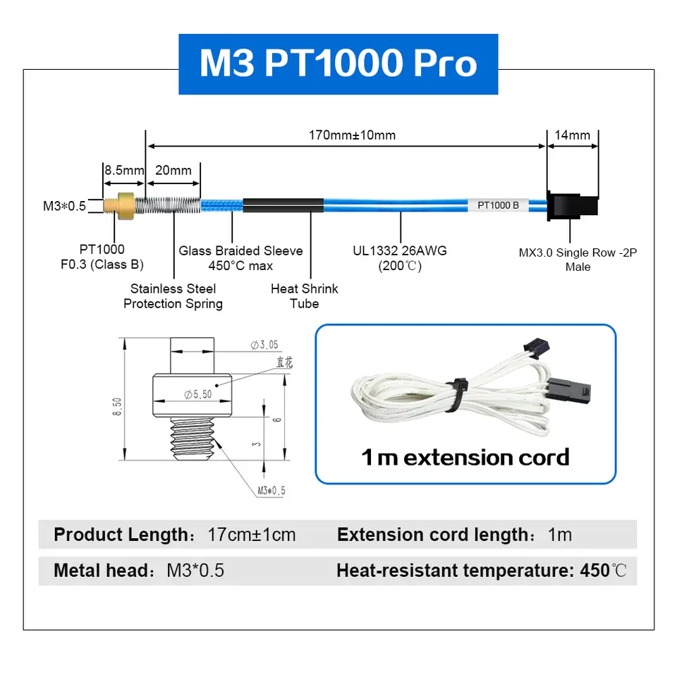 Trianglelab PT1000 Pro Thermistor Cartridge M3 M4 Screw Temperature Sensor High temPerature 450℃ 3D Printer image 2